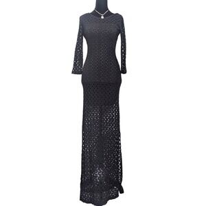 Mimi Chica Y2K Whimsigoth Dark Boho Chic Black Crochet Maxi Dress